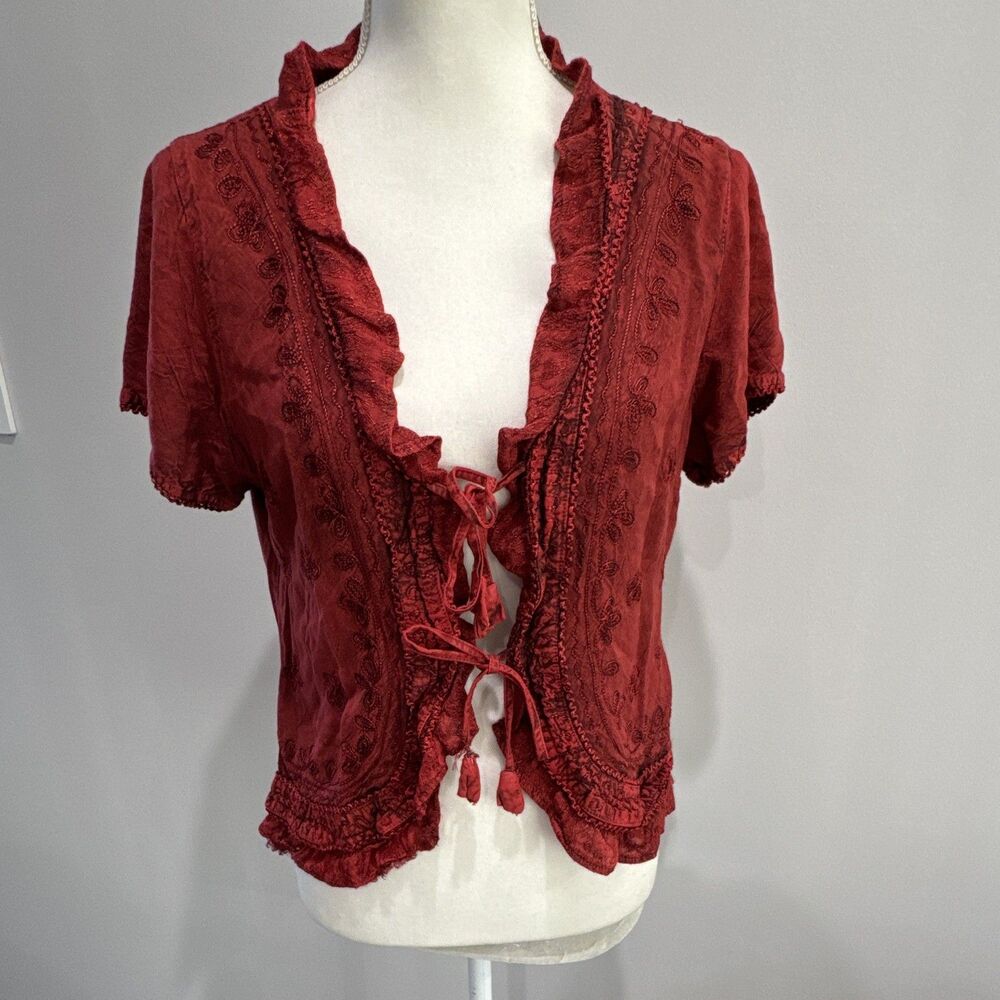 Women’s Red Rayon Woven Floral Embroidered Ruffle Tie-Front V-Neck Cardigan